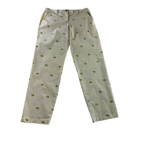 Talbots Relaxed Chino Pastel Yellow Ankle Pants Embroidered Lemon Pattern 6 - Picture 2 of 8